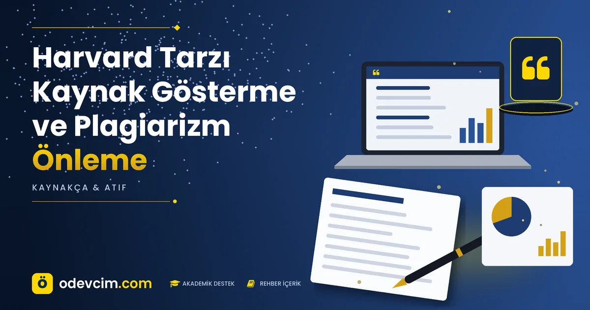 Harvard Tarzı Kaynak Gösterme ve Plagiarizm Önleme – Ödevcim kapak görseli, alıntı simgeli akademik belge illüstrasyonu