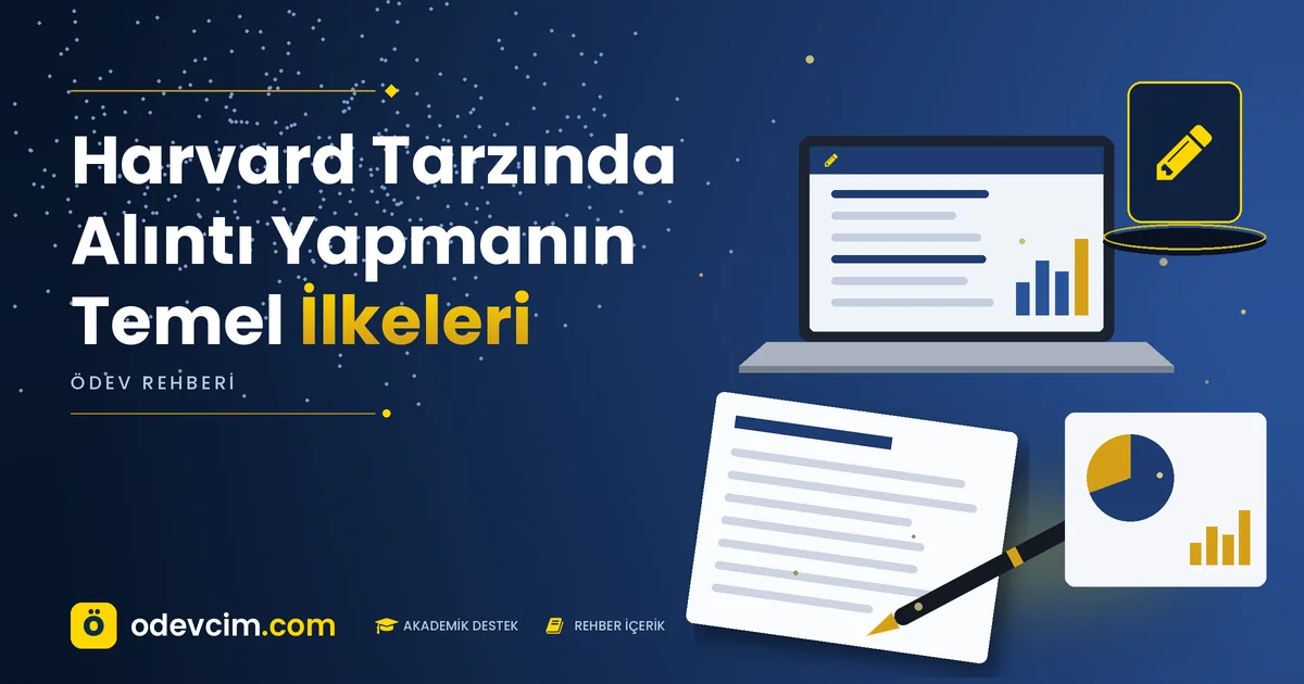 Harvard Tarzında Alıntı Yapmanın Temel İlkeleri – Ödevcim kapak görseli, kalem simgeli akademik belge illüstrasyonu