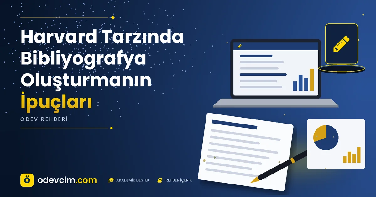 Harvard Tarzında Bibliyografya Oluşturmanın İpuçları – Ödevcim kapak görseli, kalem simgeli akademik belge illüstrasyonu