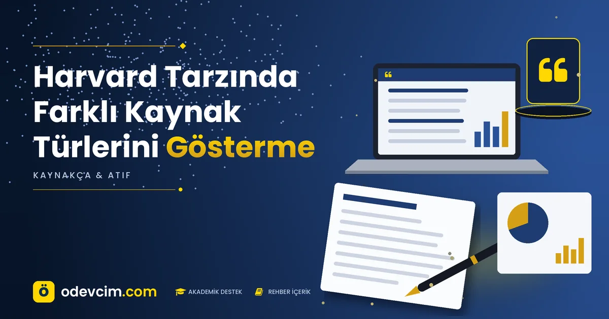 Harvard Tarzında Farklı Kaynak Türlerini Gösterme – Ödevcim kapak görseli, alıntı simgeli akademik belge illüstrasyonu