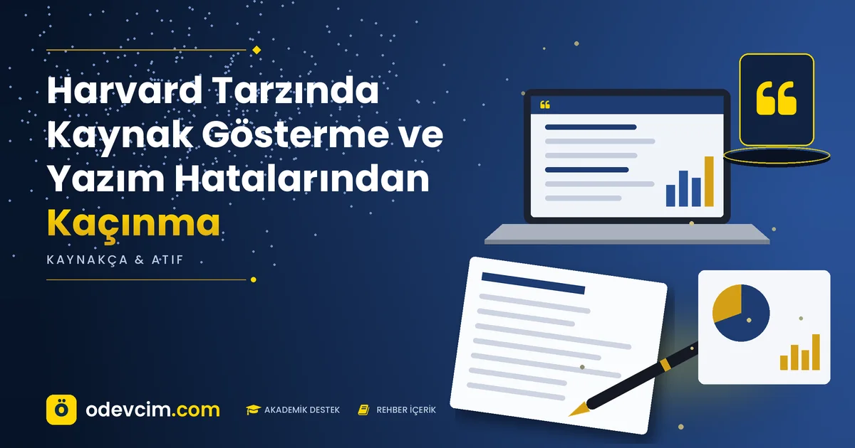 Harvard Tarzında Kaynak Gösterme ve Yazım Hatalarından Kaçınma – Ödevcim kapak görseli, alıntı simgeli akademik belge illüstrasyonu