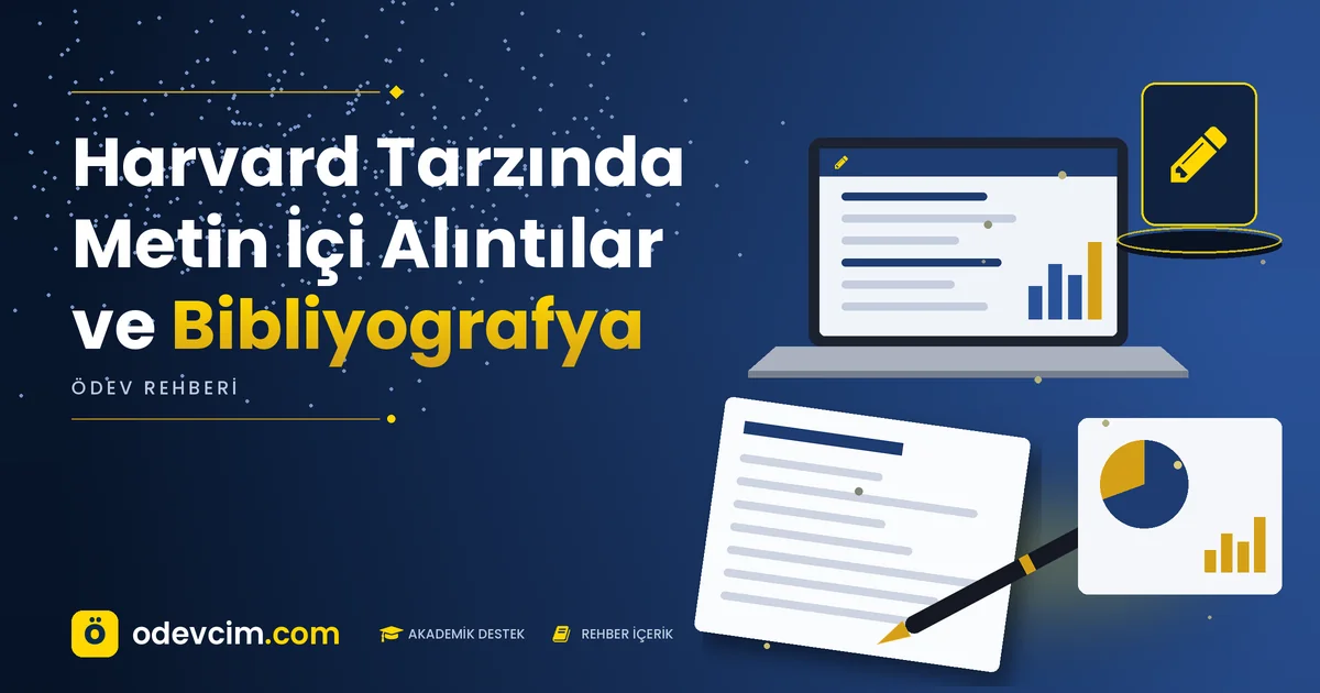 Harvard Tarzında Metin İçi Alıntılar ve Bibliyografya – Ödevcim kapak görseli, kalem simgeli akademik belge illüstrasyonu