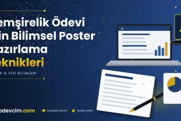 Hemşirelik Ödevi İçin Bilimsel Poster Hazırlama Teknikleri  Ödevcim kapak görseli laboratuvar şişesi simgeli akademik belge illüstrasyonu