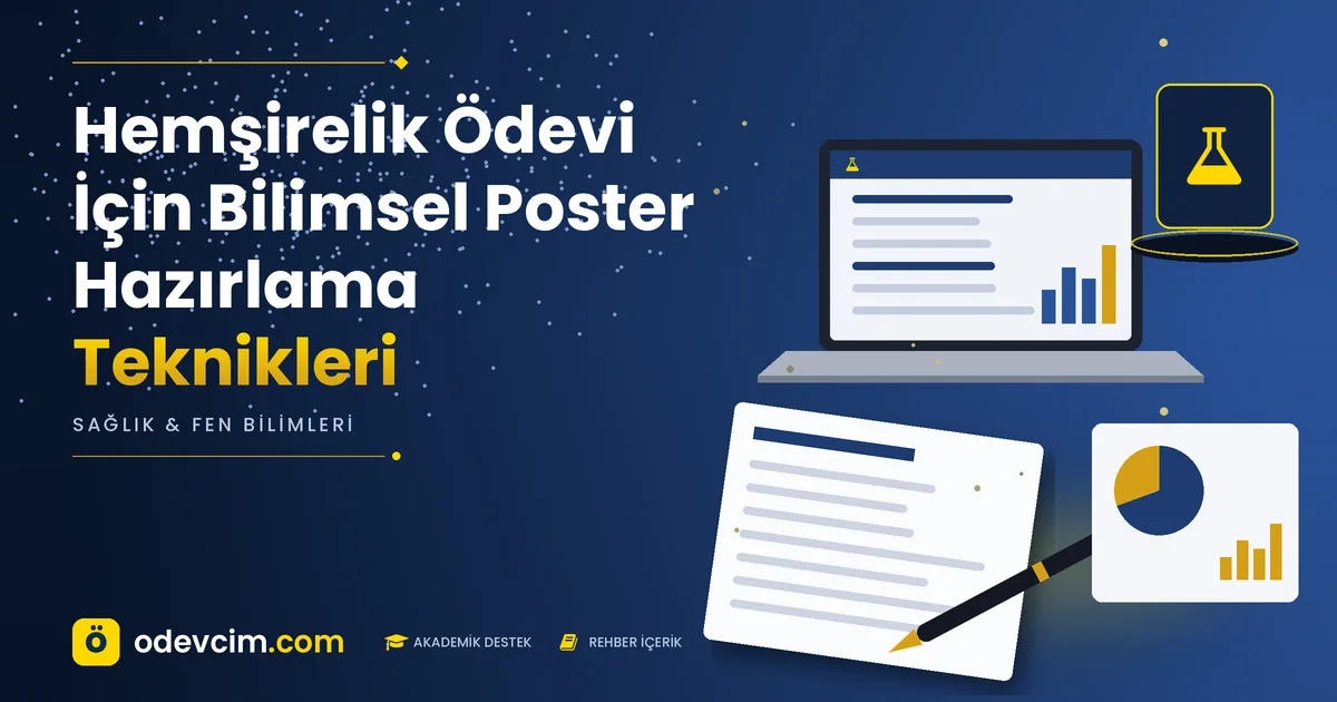 Hemşirelik Ödevi İçin Bilimsel Poster Hazırlama Teknikleri – Ödevcim kapak görseli, laboratuvar şişesi simgeli akademik belge illüstrasyonu