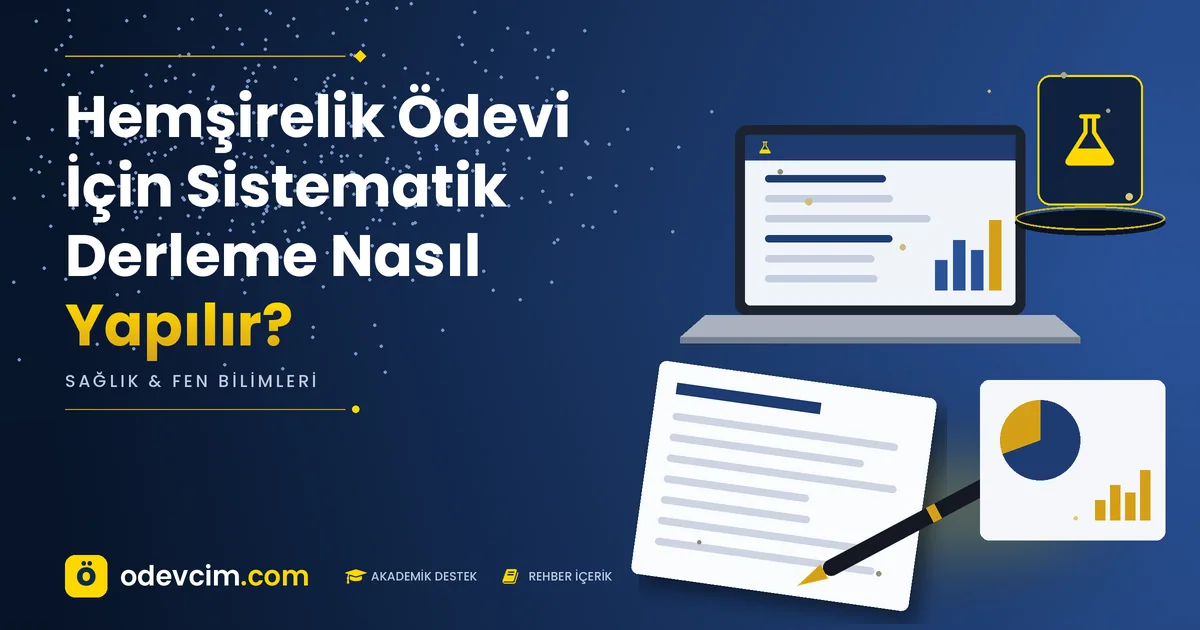 Hemşirelik Ödevi İçin Sistematik Derleme Nasıl Yapılır? – Ödevcim kapak görseli, laboratuvar şişesi simgeli akademik belge illüstrasyonu