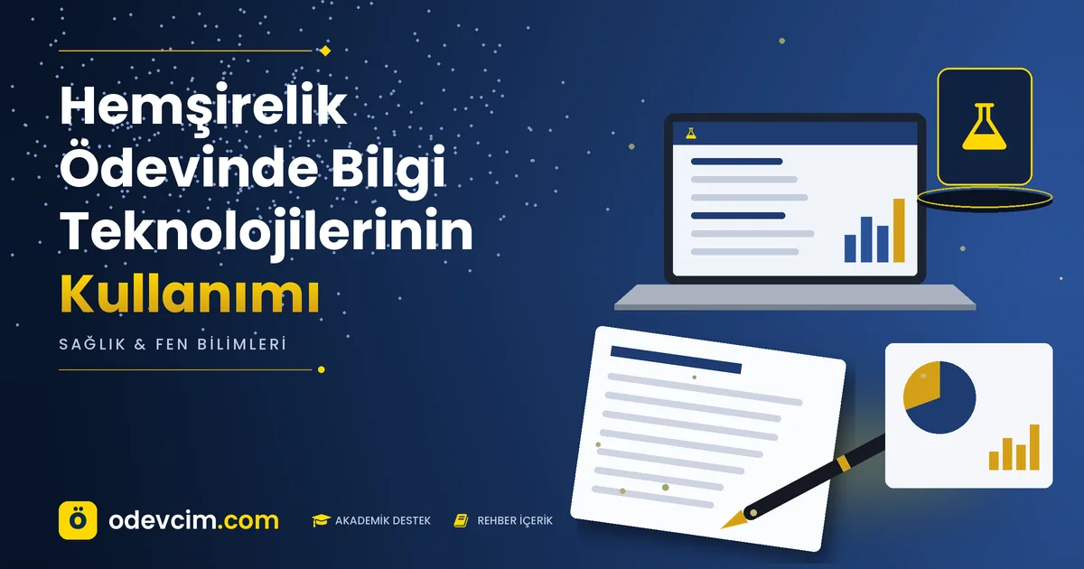 Hemşirelik Ödevinde Bilgi Teknolojilerinin Kullanımı – Ödevcim kapak görseli, laboratuvar şişesi simgeli akademik belge illüstrasyonu