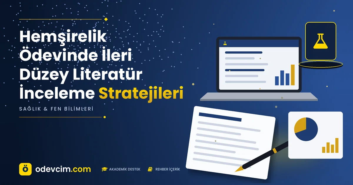 Hemşirelik Ödevinde İleri Düzey Literatür İnceleme Stratejileri – Ödevcim kapak görseli, laboratuvar şişesi simgeli akademik belge illüstrasyonu