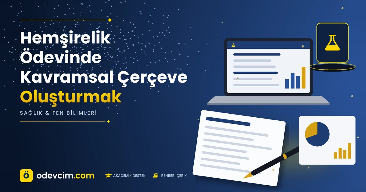 Hemşirelik Ödevinde Kavramsal Çerçeve Oluşturmak – Ödevcim kapak görseli, laboratuvar şişesi simgeli akademik belge illüstrasyonu