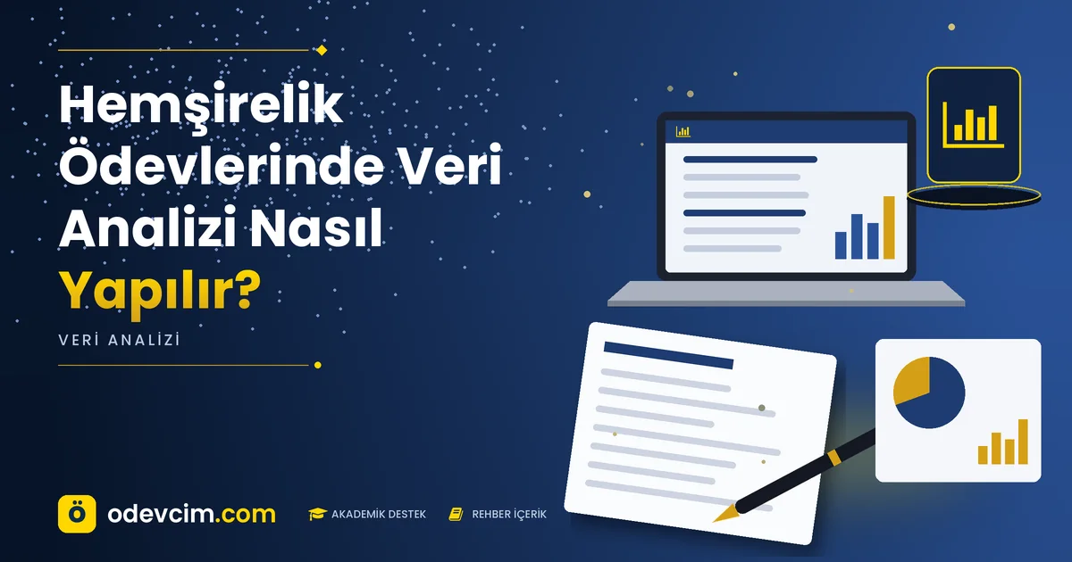 Hemşirelik Ödevlerinde Veri Analizi Nasıl Yapılır? – Ödevcim kapak görseli, grafik simgeli akademik belge illüstrasyonu