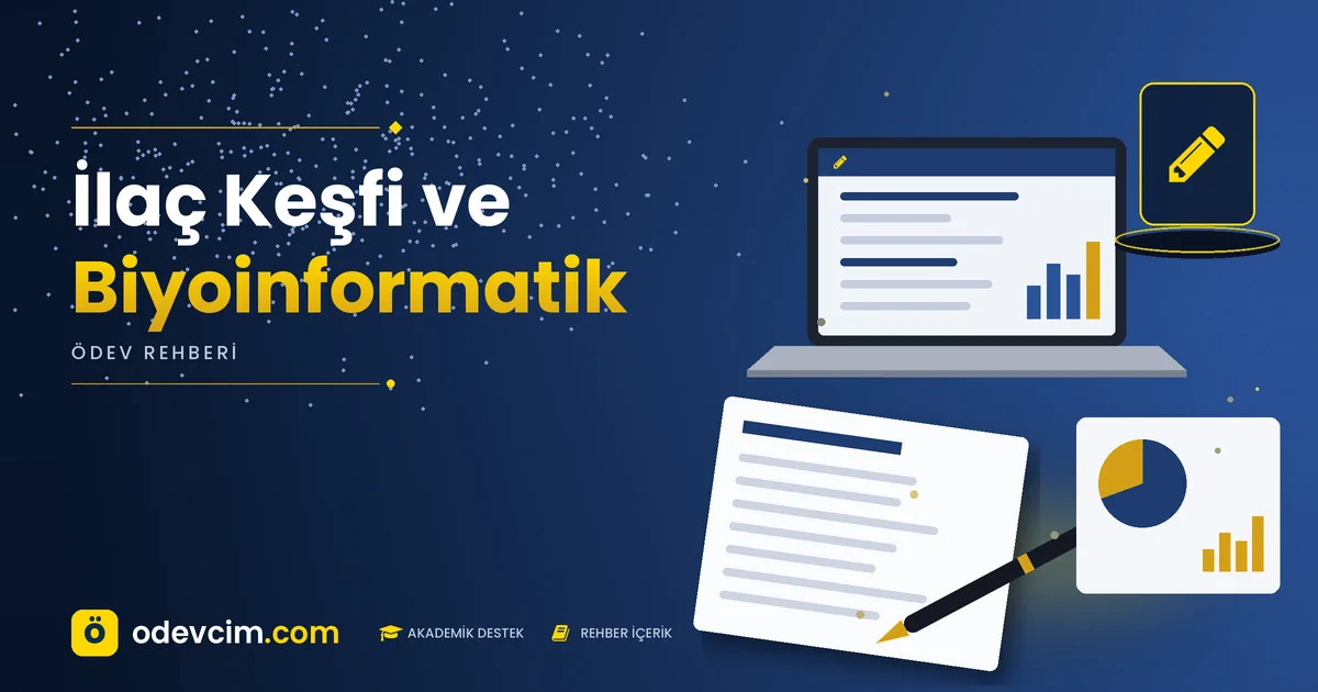 İlaç Keşfi ve Biyoinformatik – Ödevcim kapak görseli, kalem simgeli akademik belge illüstrasyonu