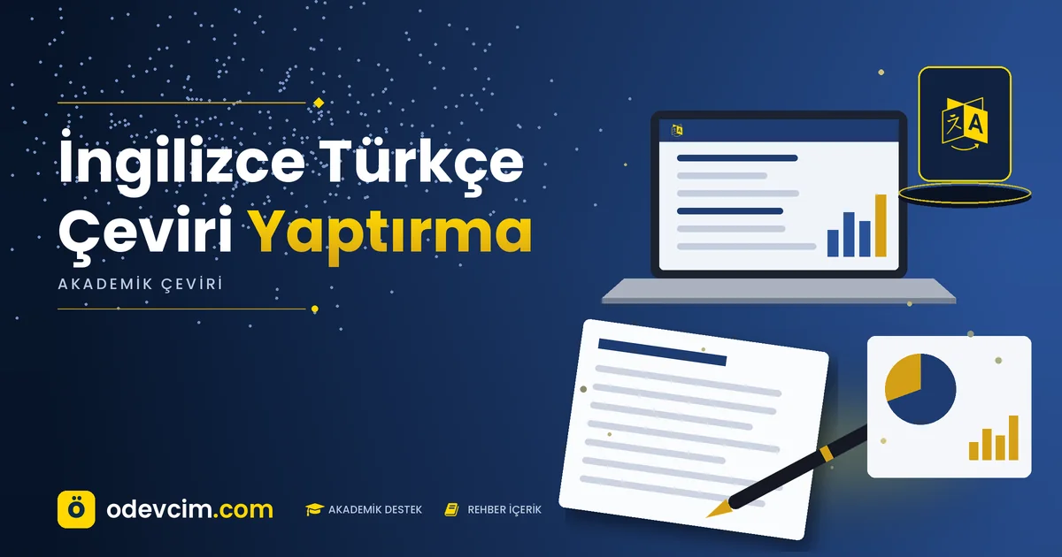 İngilizce Türkçe Çeviri Yaptırma – Ödevcim kapak görseli, dil/çeviri simgeli akademik belge illüstrasyonu