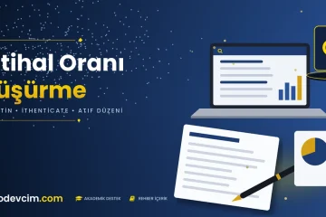 İntihal oranı düşürme rehberi  Ödevcim kapak görseli büyüteç simgeli Turnitin benzerlik raporu inceleme illüstrasyonu