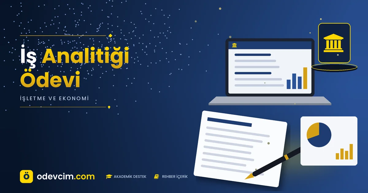 İş Analitiği Ödevi – Ödevcim kapak görseli, gösterge paneli, KPI ve veri analizi rehberi illüstrasyonu