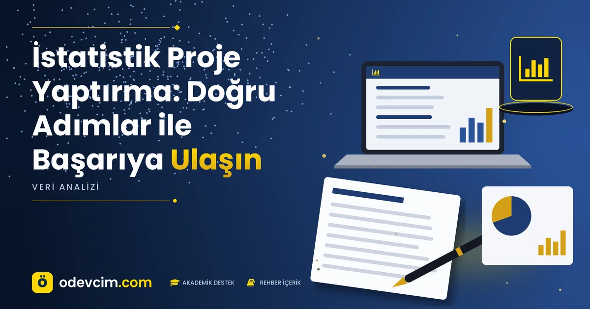 İstatistik Proje Yaptırma: Doğru Adımlar ile Başarıya Ulaşın – Ödevcim kapak görseli, grafik simgeli akademik belge illüstrasyonu
