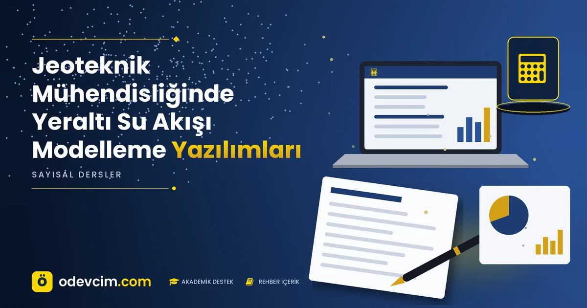 Jeoteknik Mühendisliğinde Yeraltı Su Akışı Modelleme Yazılımları – Ödevcim kapak görseli, hesap makinesi simgeli akademik belge illüstrasyonu