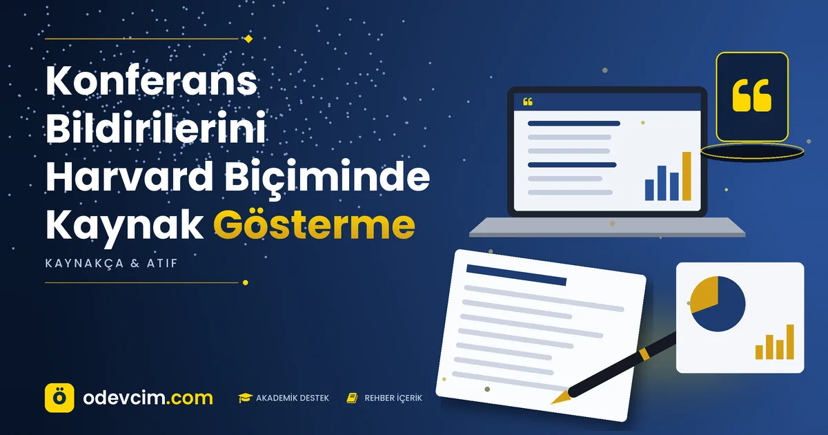 Konferans Bildirilerini Harvard Biçiminde Kaynak Gösterme – Ödevcim kapak görseli, alıntı simgeli akademik belge illüstrasyonu