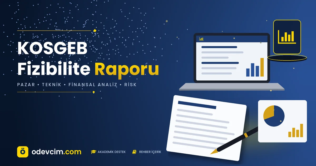 KOSGEB fizibilite raporu rehberi – Ödevcim kapak görseli, finansal tablo ve yatırım analizi illüstrasyonu