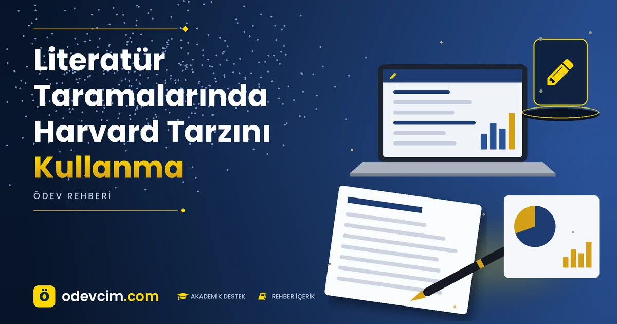 Literatür Taramalarında Harvard Tarzını Kullanma – Ödevcim kapak görseli, kalem simgeli akademik belge illüstrasyonu