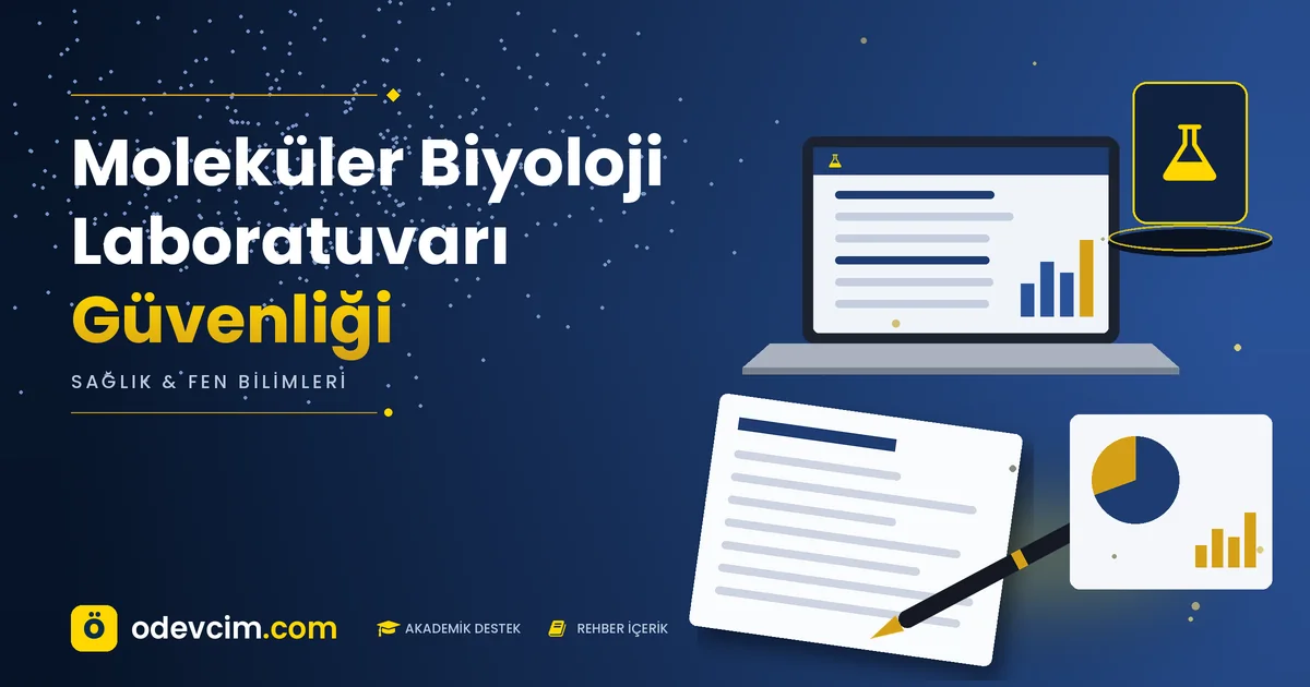 Moleküler Biyoloji Laboratuvarı Güvenliği – Ödevcim kapak görseli, laboratuvar şişesi simgeli akademik belge illüstrasyonu