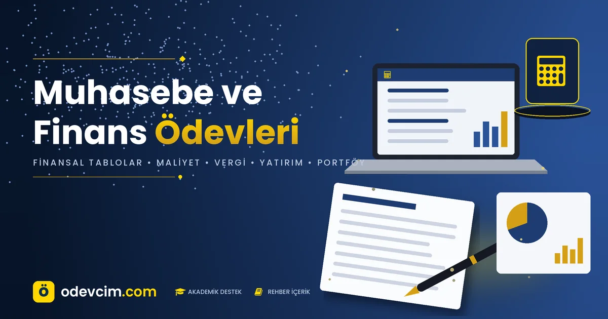 Muhasebe ve finans ödevleri rehberi – Ödevcim kapak görseli, hesap makinesi ve finansal grafik illüstrasyonu