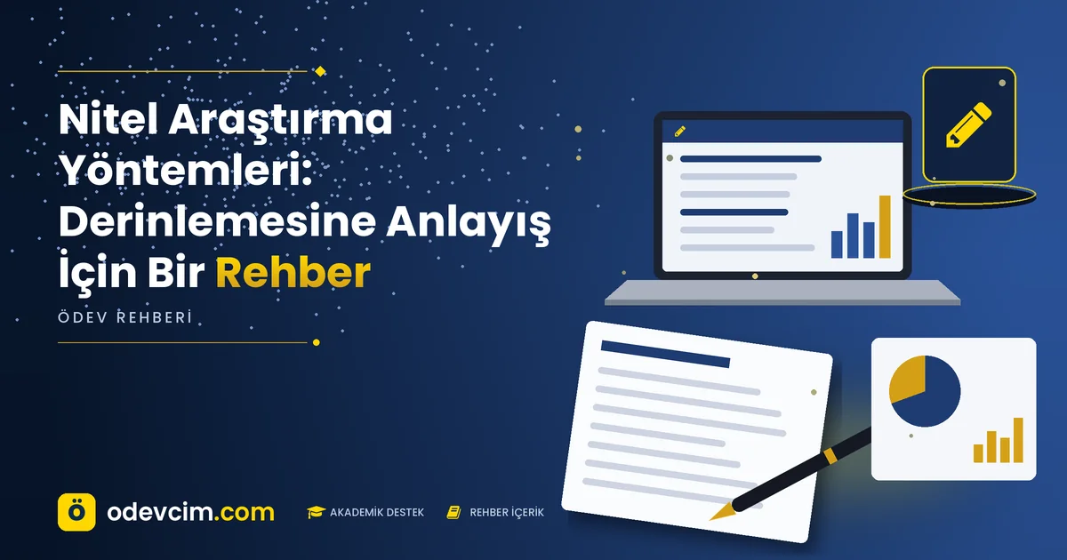 Nitel Araştırma Yöntemleri: Derinlemesine Anlayış İçin Bir Rehber – Ödevcim kapak görseli, kalem simgeli akademik belge illüstrasyonu