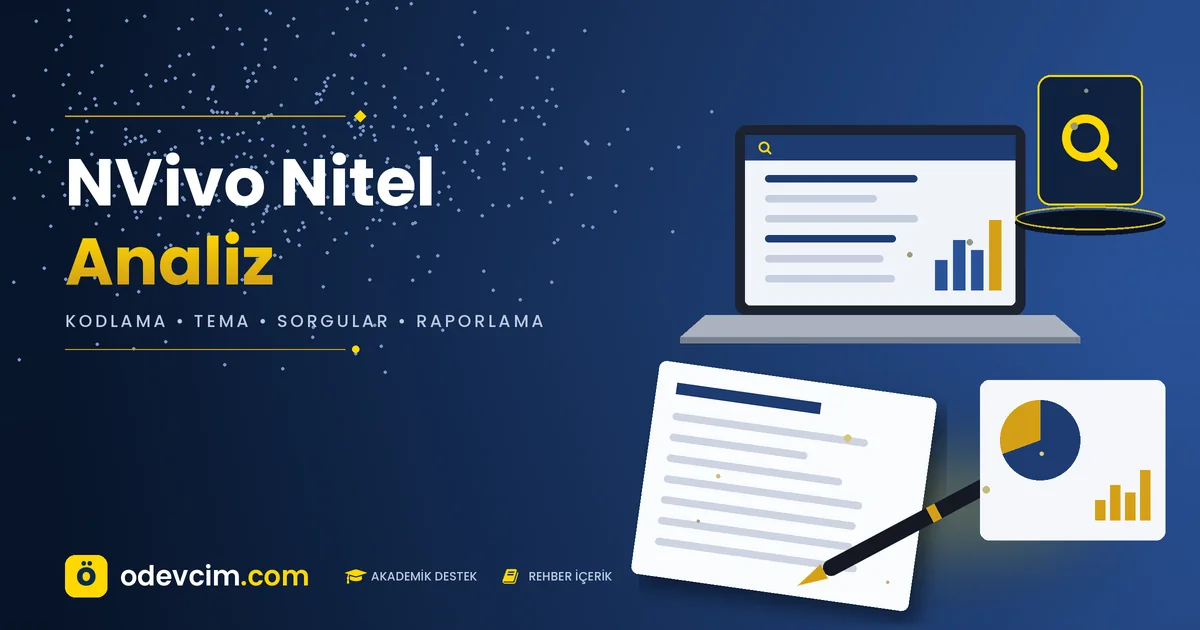 NVivo nitel analiz rehberi – Ödevcim kapak görseli, görüşme kodlama ve tema haritası illüstrasyonu