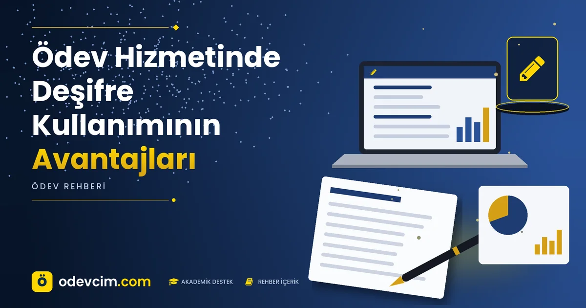 Ödev Hizmetinde Deşifre Kullanımının Avantajları – Ödevcim kapak görseli, kalem simgeli akademik belge illüstrasyonu