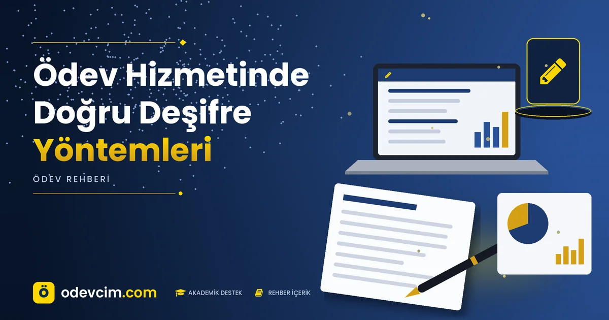 Ödev Hizmetinde Doğru Deşifre Yöntemleri – Ödevcim kapak görseli, kalem simgeli akademik belge illüstrasyonu
