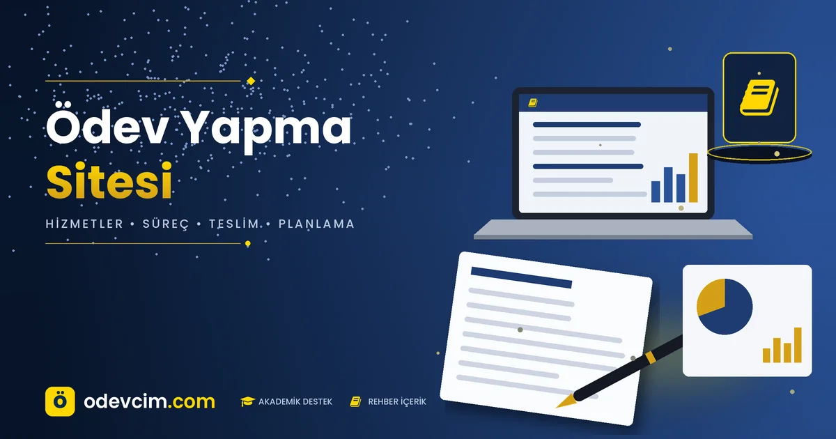 Ödev yapma sitesi rehberi – Ödevcim kapak görseli, dizüstü bilgisayar ve ödev dosyası illüstrasyonu
