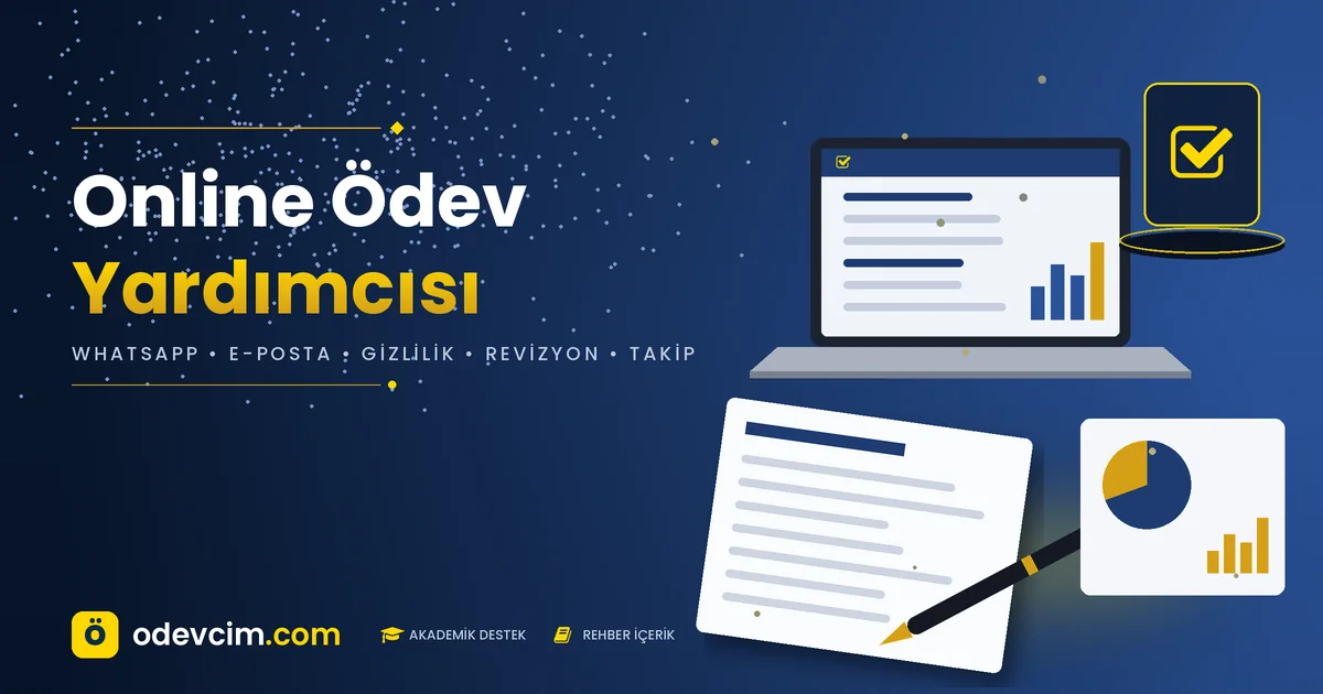 Online ödev yardımcısı rehberi – Ödevcim kapak görseli, dizüstü bilgisayar ve mesajlaşma illüstrasyonu