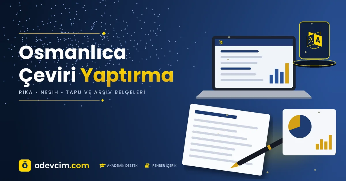 Osmanlıca çeviri yaptırma rehberi – Ödevcim kapak görseli, dil simgeli tarihî belge illüstrasyonu