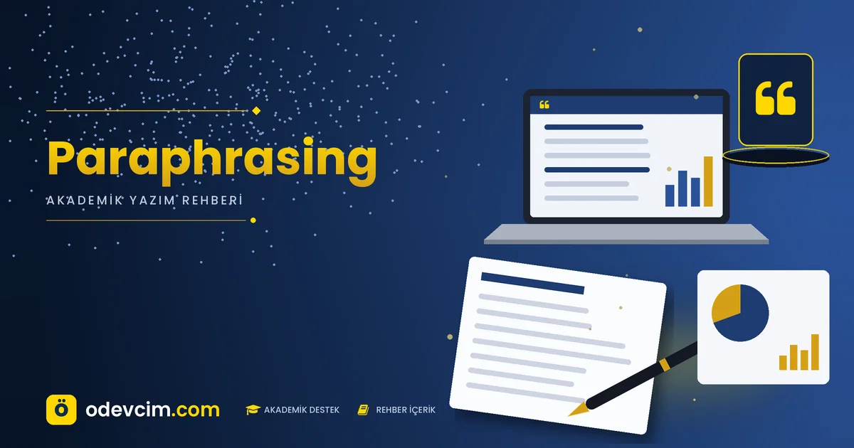 Paraphrasing – Ödevcim kapak görseli, akademik metni kendi cümlelerinle yeniden yazma rehberi illüstrasyonu