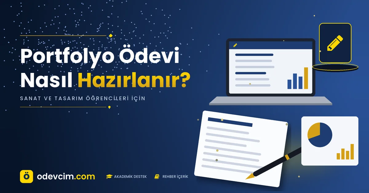 Portfolyo ödevi nasıl hazırlanır – Ödevcim kapak görseli, kalem simgeli akademik belge illüstrasyonu