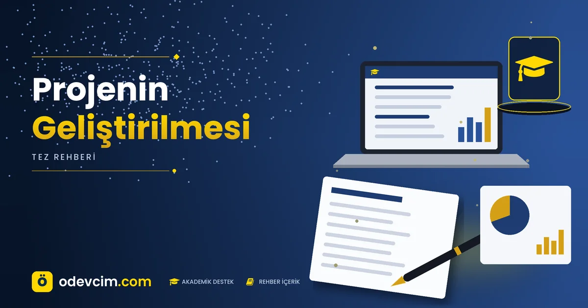 Projenin Geliştirilmesi – Ödevcim kapak görseli, kep simgeli akademik belge illüstrasyonu