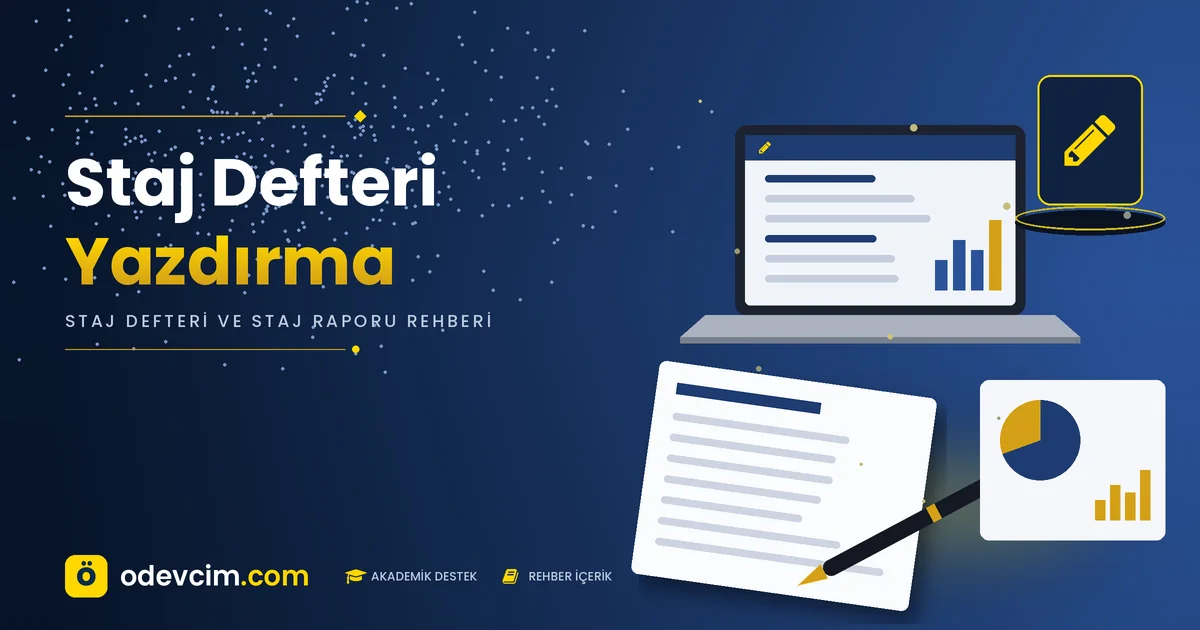 Staj defteri yazdırma rehberi – Ödevcim kapak görseli, kalem simgeli staj defteri illüstrasyonu