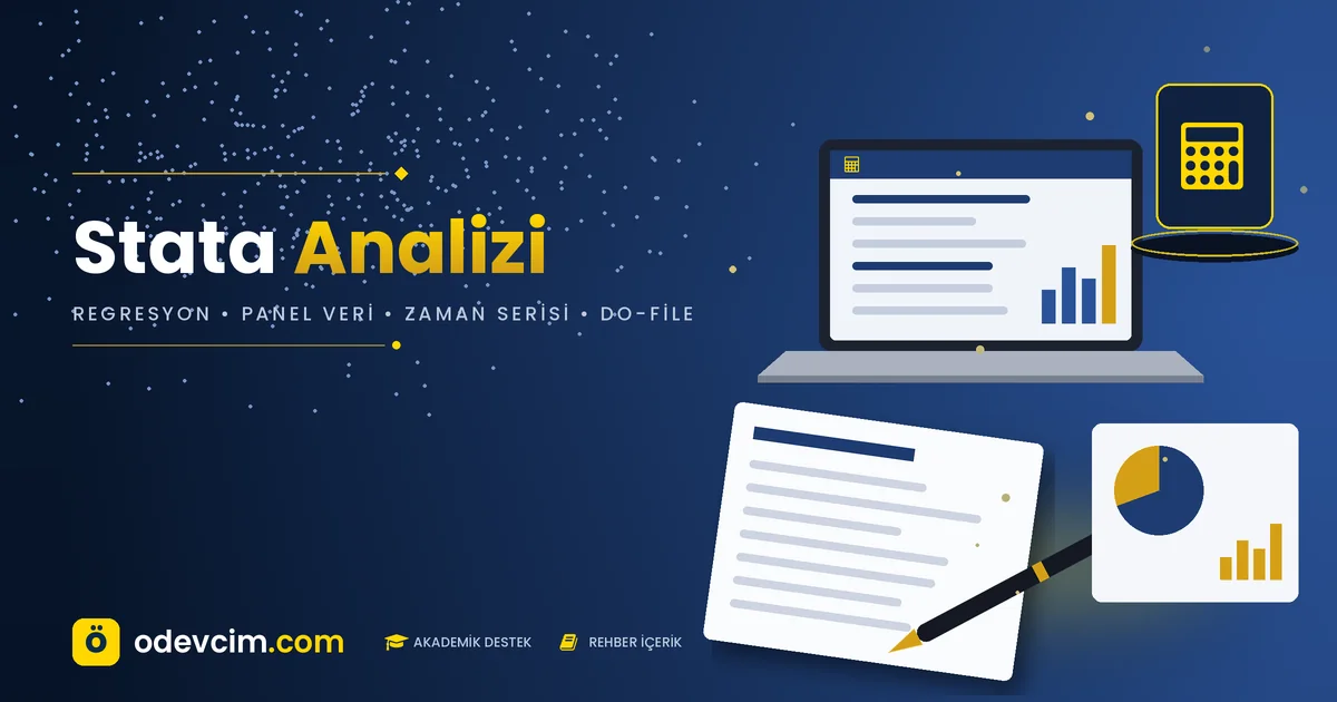 Stata analizi rehberi – Ödevcim kapak görseli, regresyon grafiği ve veri tablosu illüstrasyonu