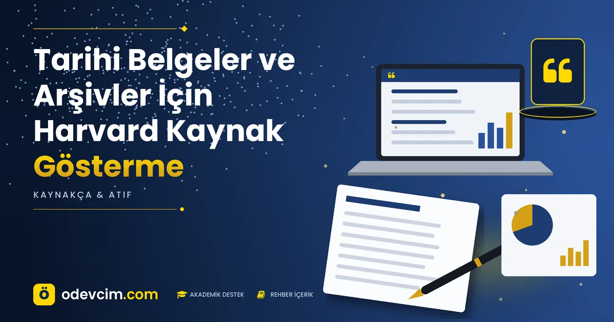 Tarihi Belgeler ve Arşivler İçin Harvard Kaynak Gösterme – Ödevcim kapak görseli, alıntı simgeli akademik belge illüstrasyonu