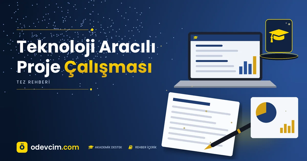 Teknoloji Aracılı Proje Çalışması – Ödevcim kapak görseli, kep simgeli akademik belge illüstrasyonu