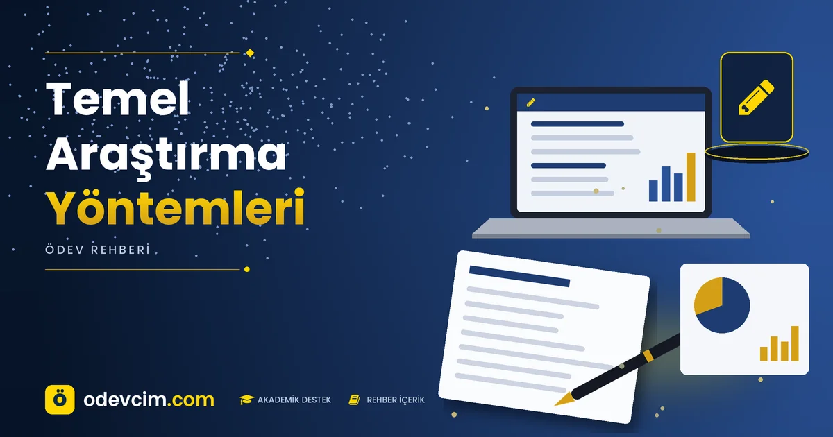 Temel Araştırma Yöntemleri – Ödevcim kapak görseli, kalem simgeli akademik belge illüstrasyonu