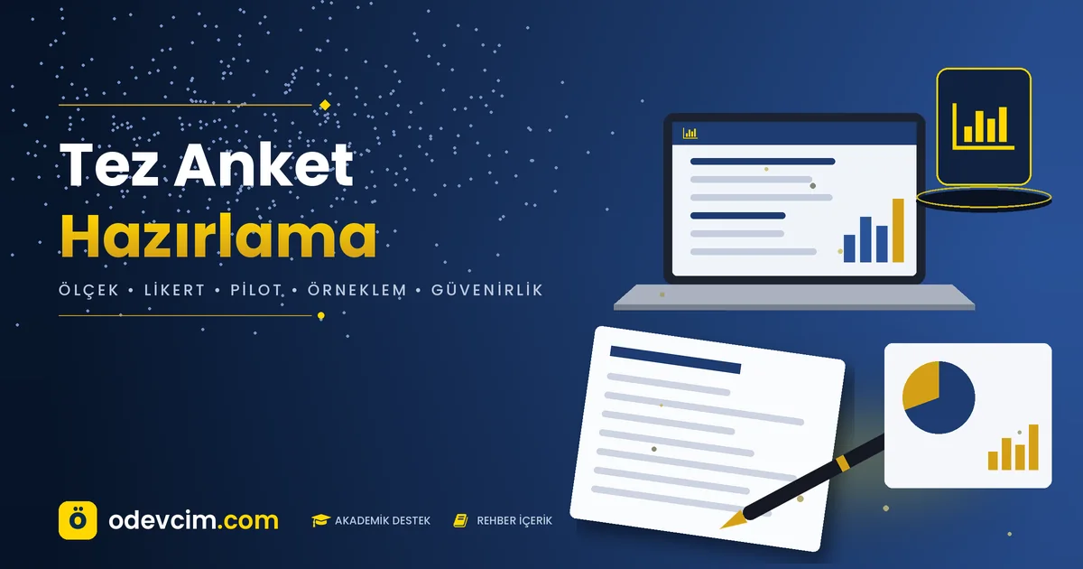 Tez anket hazırlama rehberi – Ödevcim kapak görseli, anket formu ve Likert ölçek illüstrasyonu