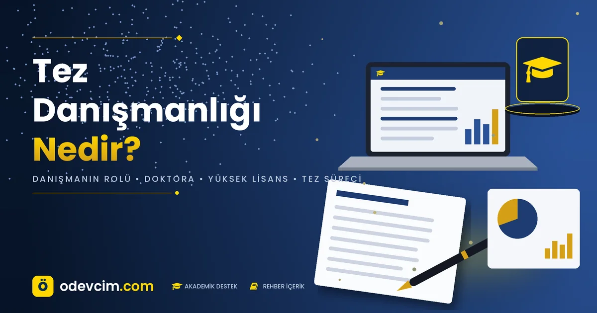 Tez danışmanlığı nedir rehberi – Ödevcim kapak görseli, akademisyen ve tez dosyası illüstrasyonu