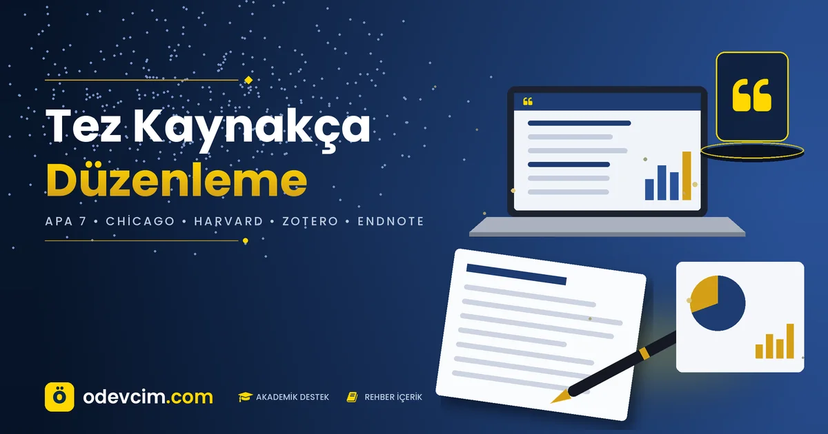 Tez kaynakça düzenleme rehberi – Ödevcim kapak görseli, kitap yığını ve kaynakça listesi illüstrasyonu