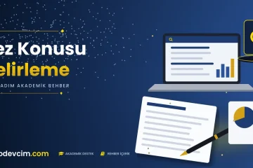 Tez konusu nasıl belirlenir rehberi  Ödevcim kapak görseli büyüteç simgeli akademik belge illüstrasyonu