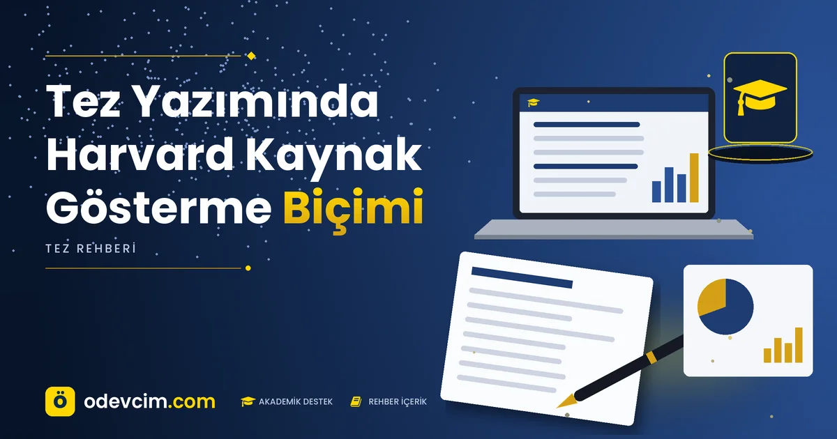 Tez Yazımında Harvard Kaynak Gösterme Biçimi – Ödevcim kapak görseli, kep simgeli akademik belge illüstrasyonu
